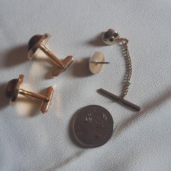 Vintage Tiger's Eye Cuff Link & Tie Tack Set Gold Tone - Picture 2 of 10